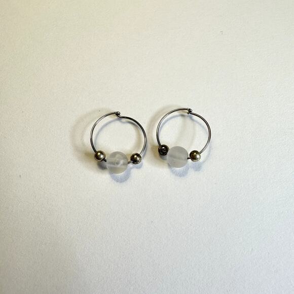 NWOT surgical steel silver clear beaded hoop huggie earrings - Picture 1 of 3